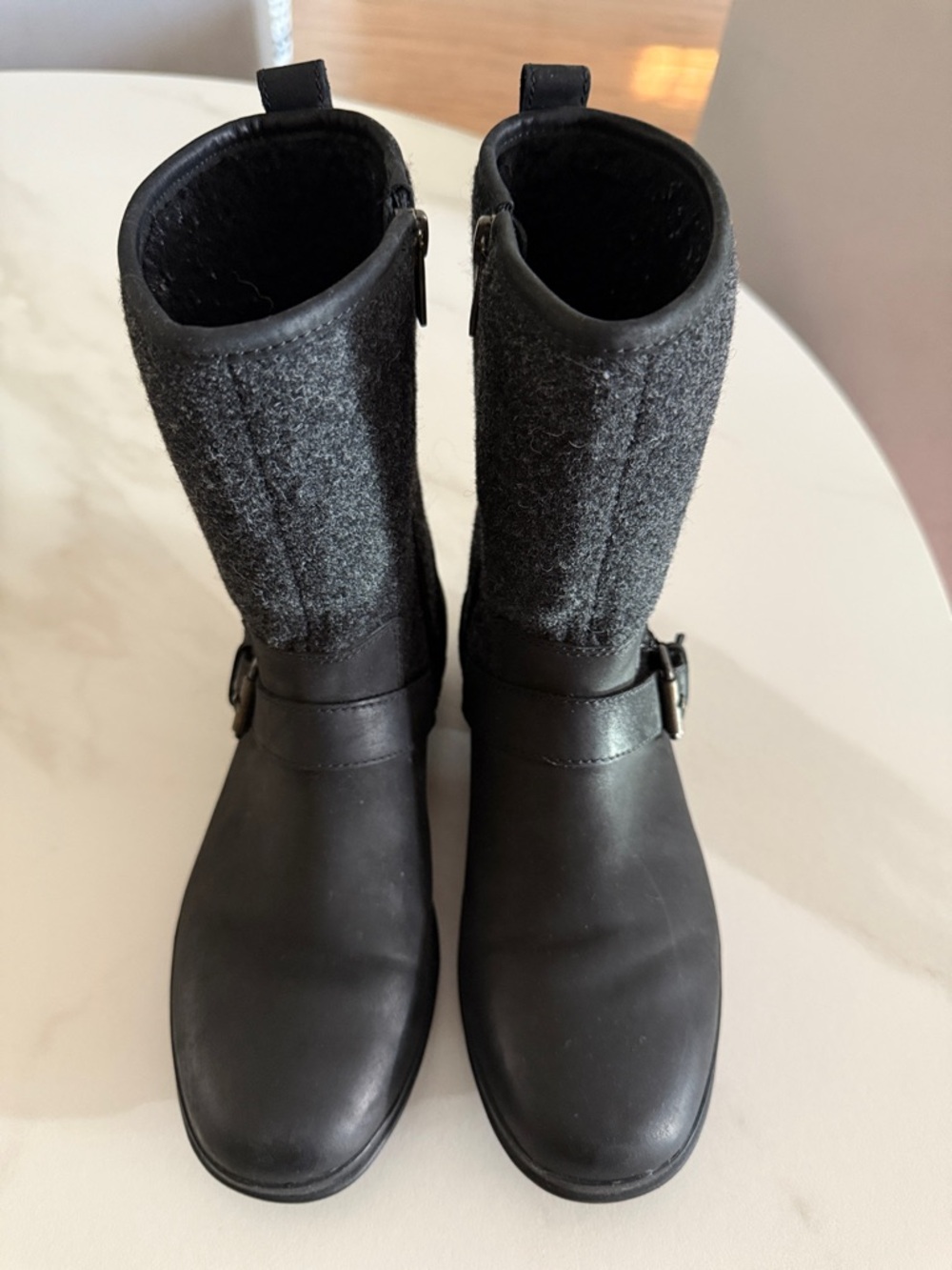 UGG Black Leather and Wool-Texture Mid-Calf Boots